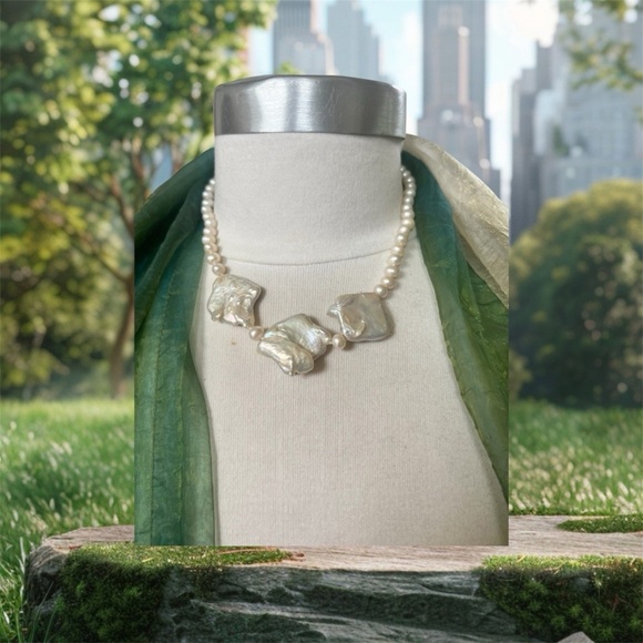 Necklace Beaded, Large Baroque Square, With White Round Earls, Clasp Silver.! - Picture 1 of 10